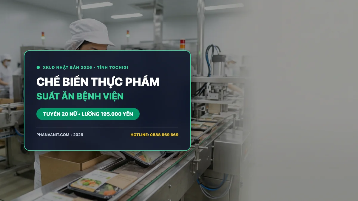 Đơn hàng Chế biến thực phẩm suất ăn bệnh viện tại Tochigi Nhật Bản tuyển Nữ 2026