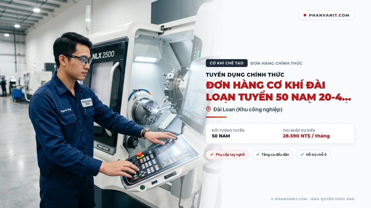 Đơn hàng cơ khí Đài Loan tuyển 50 Nam 20-40 tuổi, không y/c bằng cấp (Cập nhật 2026)