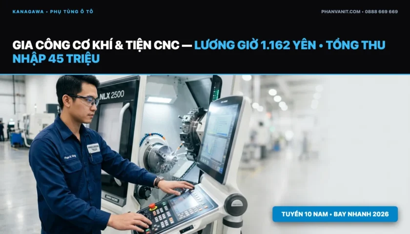 Đơn hàng Gia công cơ khí & Tiện CNC tại Kanagawa Nhật Bản tuyển 10 Nam 2026