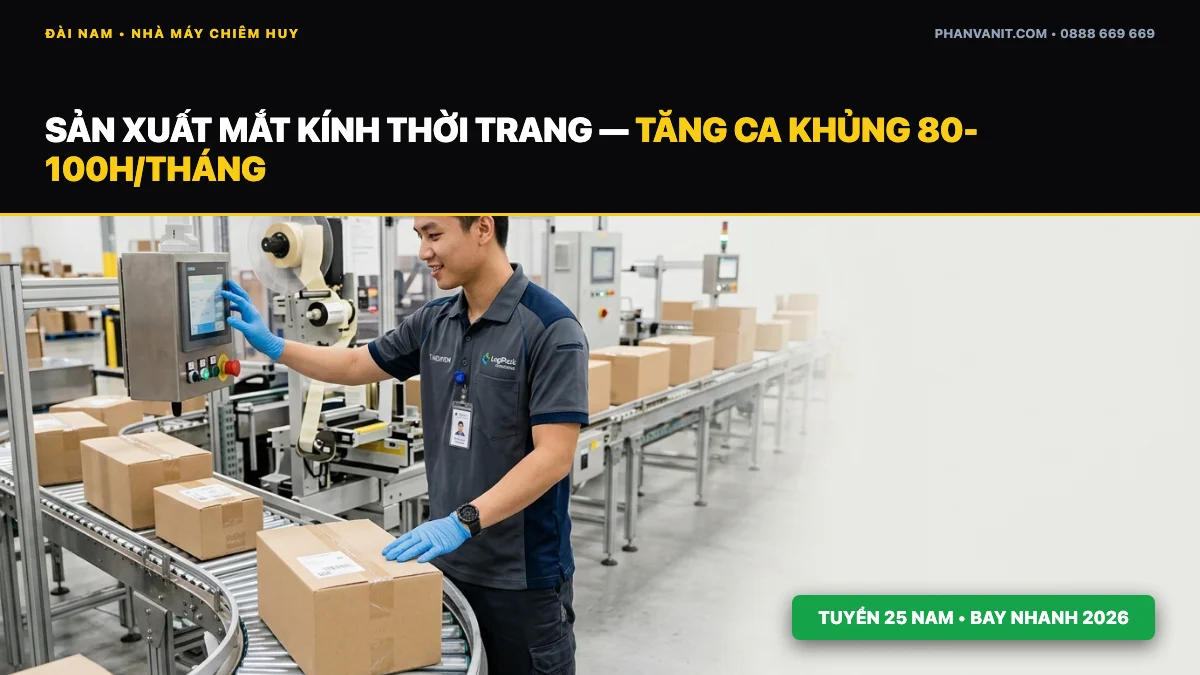 Đơn hàng sản xuất mắt kính nhà máy Chiêm Huy Đài Loan tuyển 25 Nam (Tăng ca nhiều 2026)