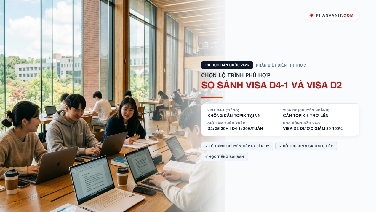 So sánh Visa D4-1 (học tiếng) và Visa D2 (chuyên ngành) Hàn Quốc 2026