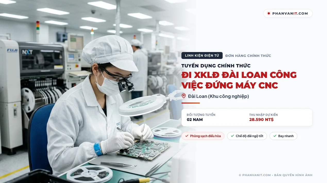 Tuyển 02 Nam đi XKLĐ Đài Loan công việc đứng máy CNC (Cập nhật 2026)