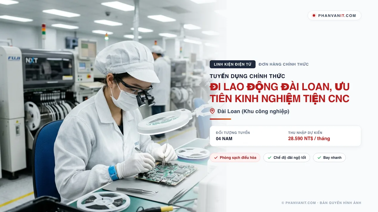 Tuyển 04 Nam đi lao động Đài Loan, ưu tiên kinh nghiệm tiện CNC (Cập nhật 2026)
