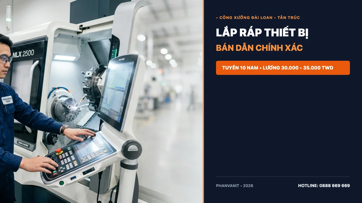 Tuyển 10 Kỹ thuật viên Cơ khí lắp ráp thiết bị bán dẫn Đài Loan (Miễn phí xuất cảnh 2026)
